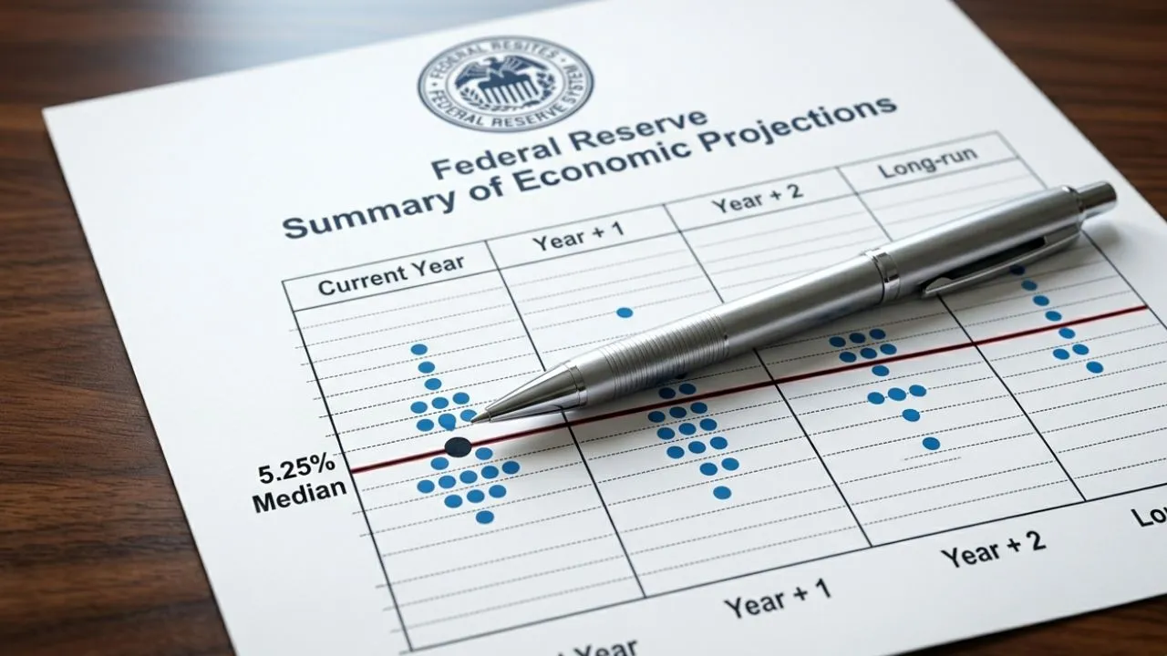 Federal Reserve Summary of Economic Projections dot plot chart with blue dots and median line showing FOMC interest rate forecasts by year