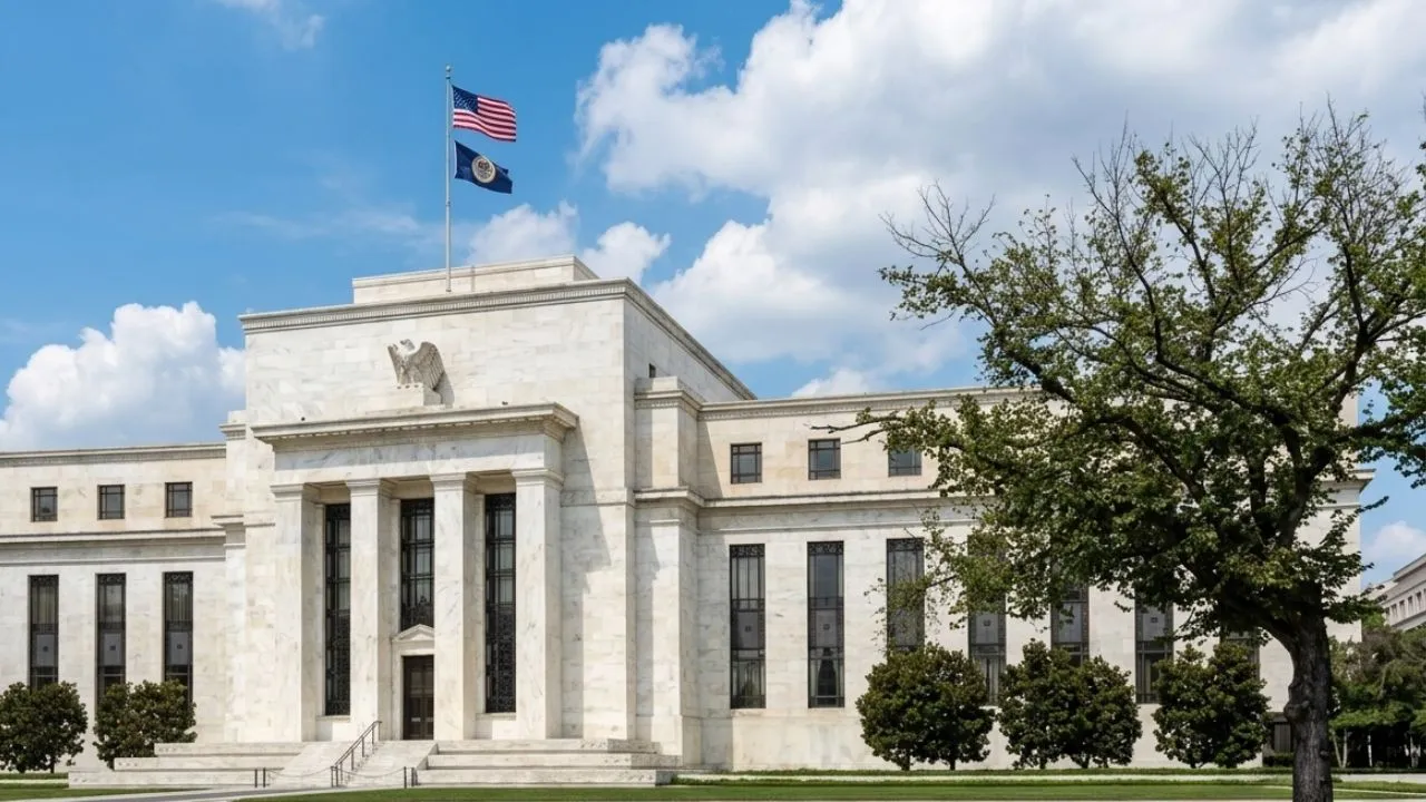 A middle-aged American man looks intently at his banking app on a smartphone, checking his high-yield savings rate after the Federal Reserve FOMC decision