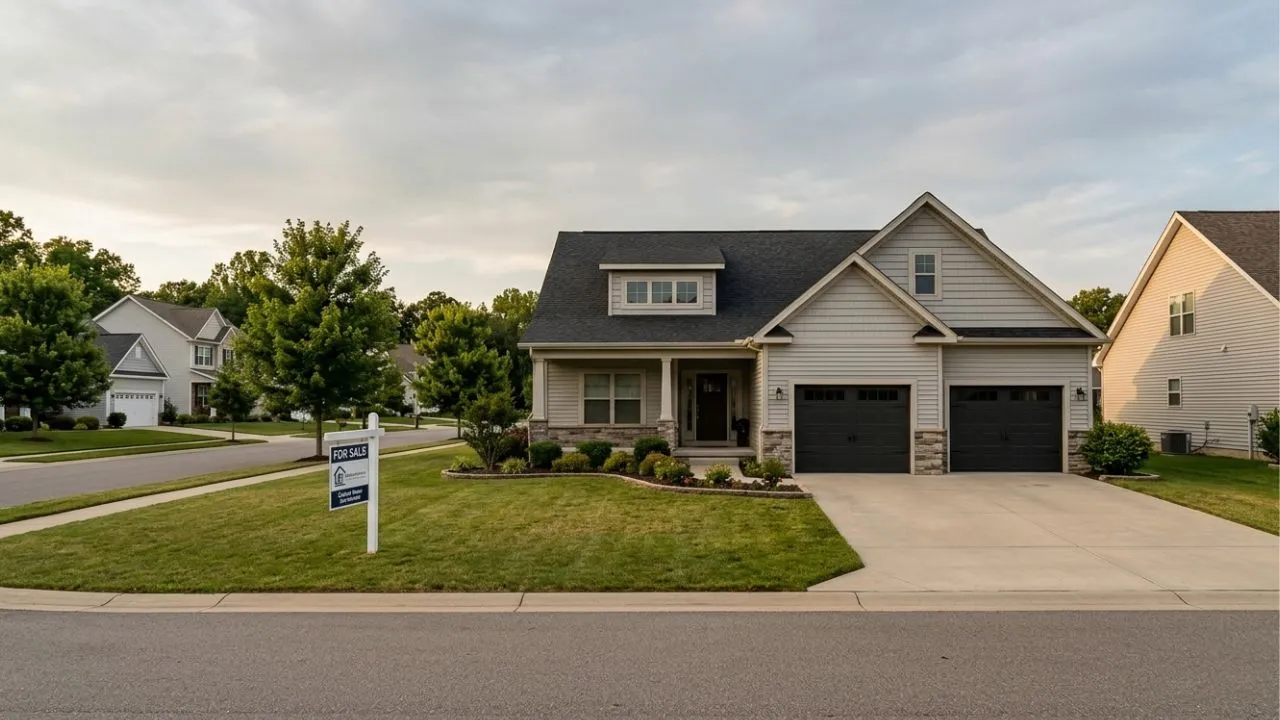 A suburban home with a for sale sign illustrating the impact of Federal Reserve rate hikes on the 2026 housing market