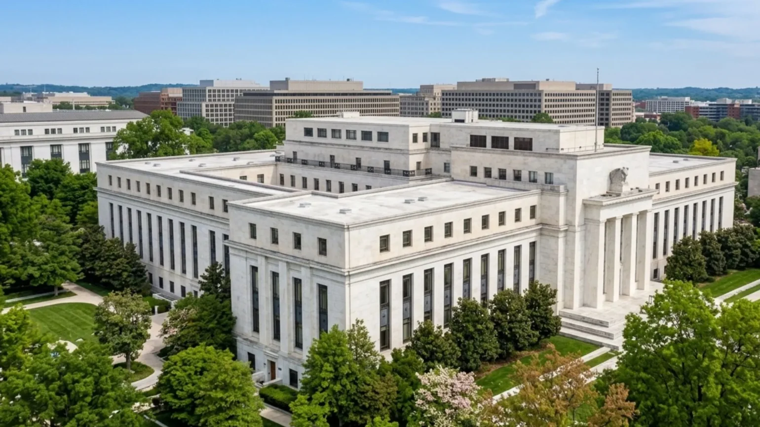 Federal Reserve Board of Governors–style meeting room with circular table, representing Fed interest rate policy.