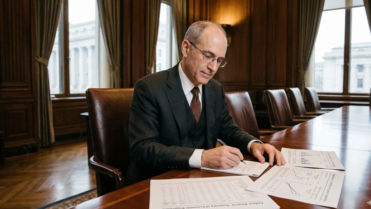 Federal Reserve official reviewing FOMC rate decision documents at the Eccles Building