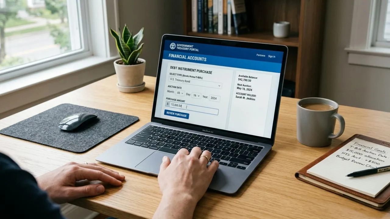 Step by step guide to buying Treasury bills on TreasuryDirect.gov in 2026 showing the non-competitive bid process for retail investors at current 3.6 percent yields
