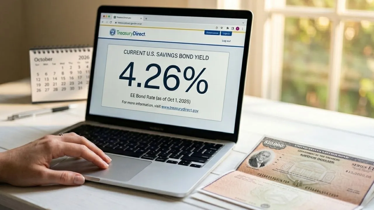 Laptop screen showing TreasuryDirect website displaying the current I-bond composite rate of 4.26 percent for May through October 2026 with a US savings bond document beside it