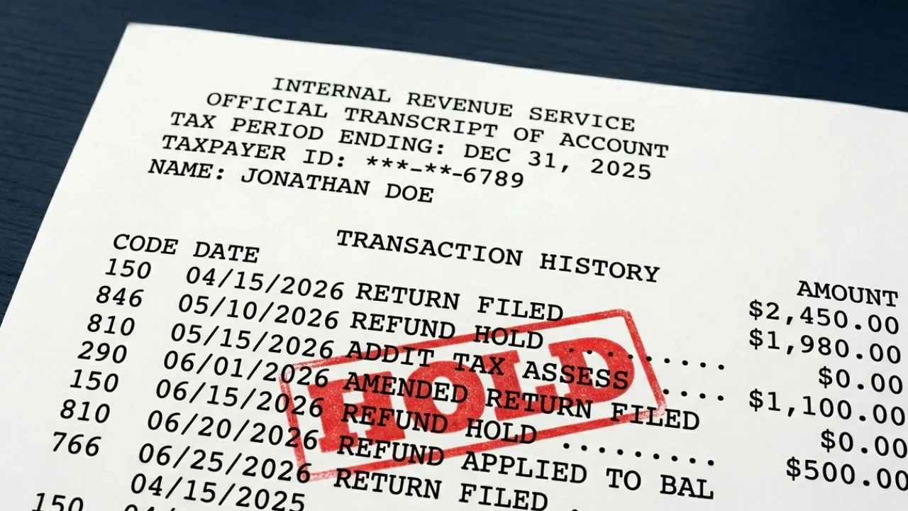 IRS tax transcript showing Transaction Code 810 refund freeze with administrative hold stamp on official government document