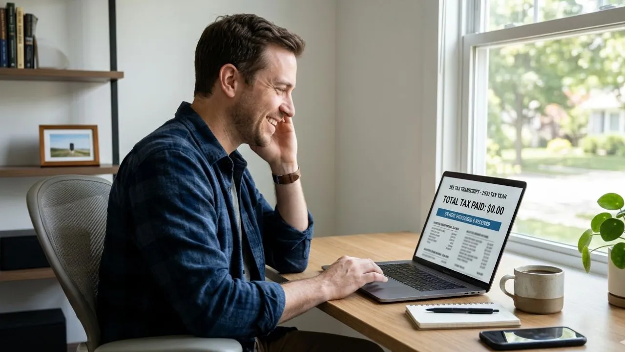 A man reads IRS Code 846 on his tax account transcript and sees his refund deposit date