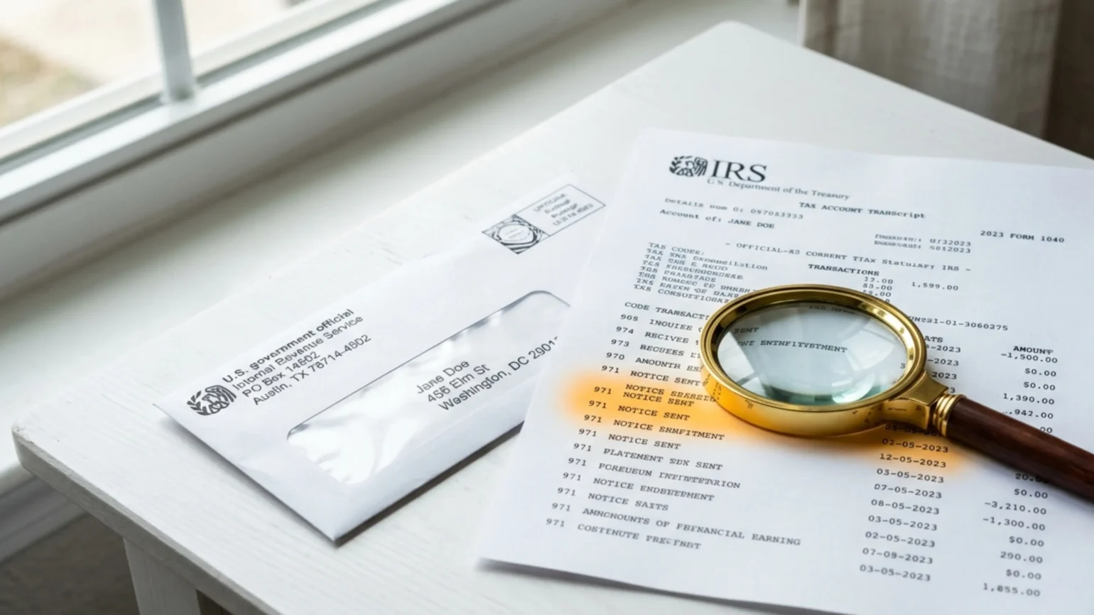 IRS tax transcript showing Code 971 notice issued entry with processing date highlighted