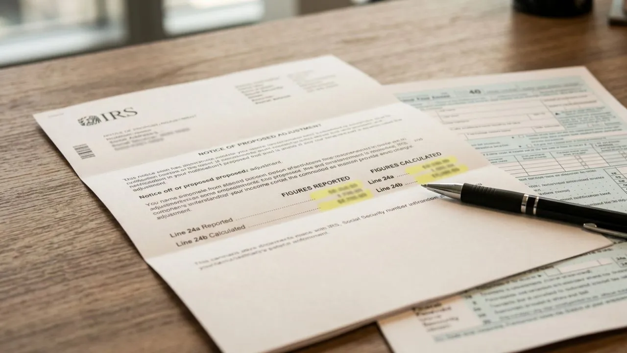 Tax notice letter with highlighted income figures representing an IRS CP2000 underreported income mismatch