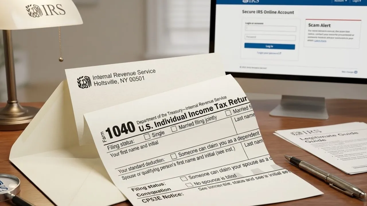 A taxpayer verifying an official IRS CP53E notice online account portal on a laptop to safely update direct deposit details.