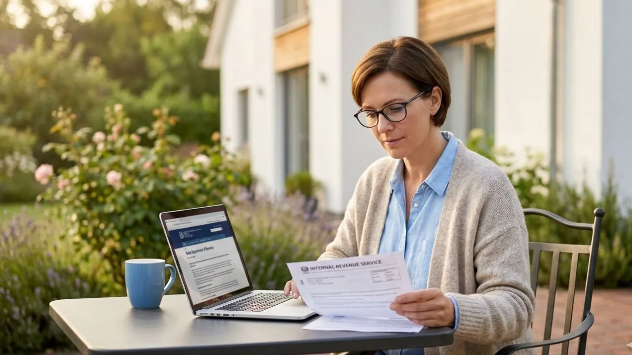 Woman reviewing an IRS installment agreement notice at her kitchen table while accessing the IRS online payment gateway on a laptop in 2026
