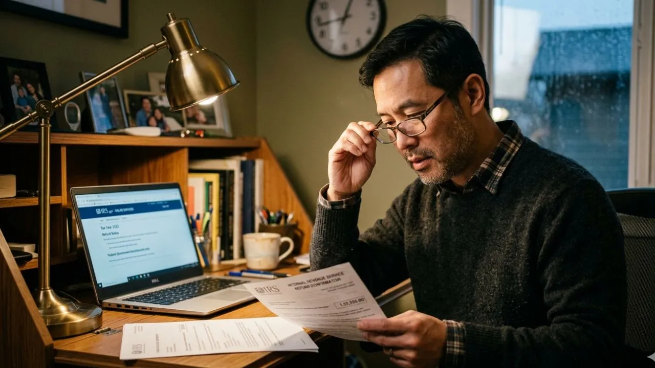 Taxpayer reviewing IRS refund schedule 2026 direct deposit confirmation at home office