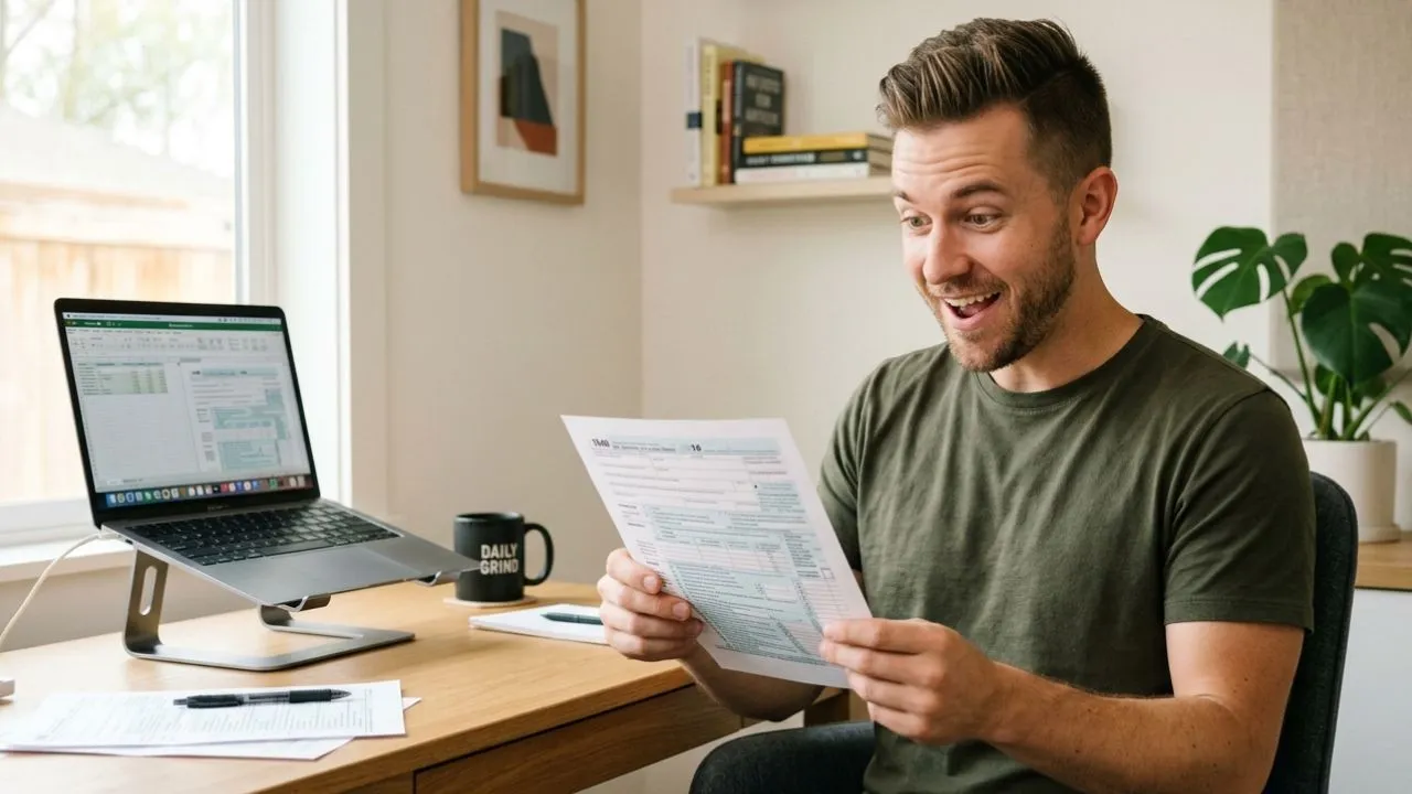 A young American man sits at a desk looking at a tax document with a surprised and relieved expression after discovering the IRS is legally required to pay 7 percent compound interest on his delayed refund under IRC Section 6621