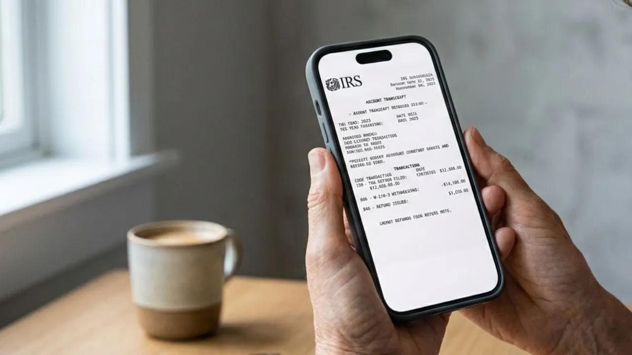 Person reading IRS transcript codes 150 through 846 on a smartphone screen showing refund status