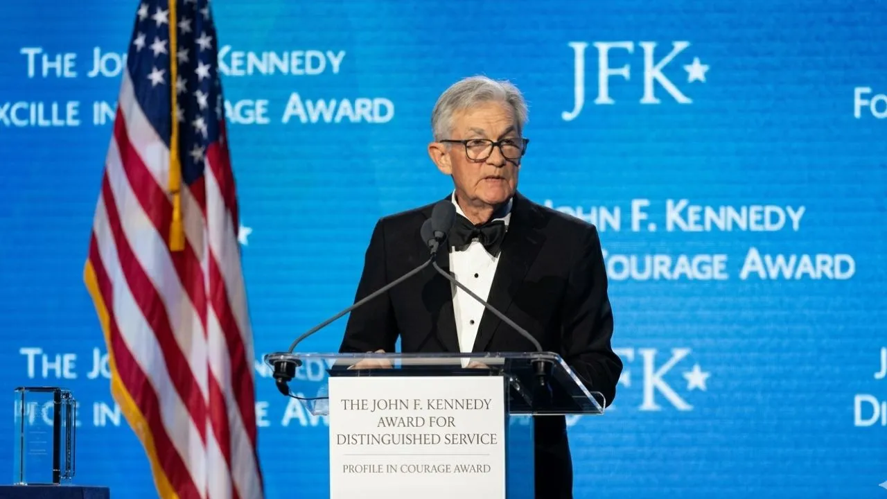 Jerome Powell speaking at formal podium warning about Fed independence before June 16 FOMC meeting