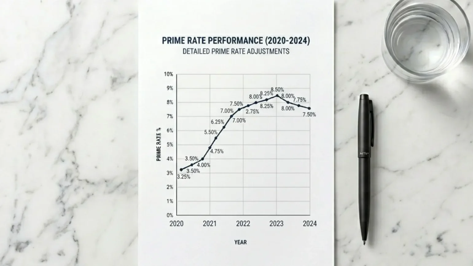 Graph showing prime rate movement alongside Federal Reserve decisions over five years