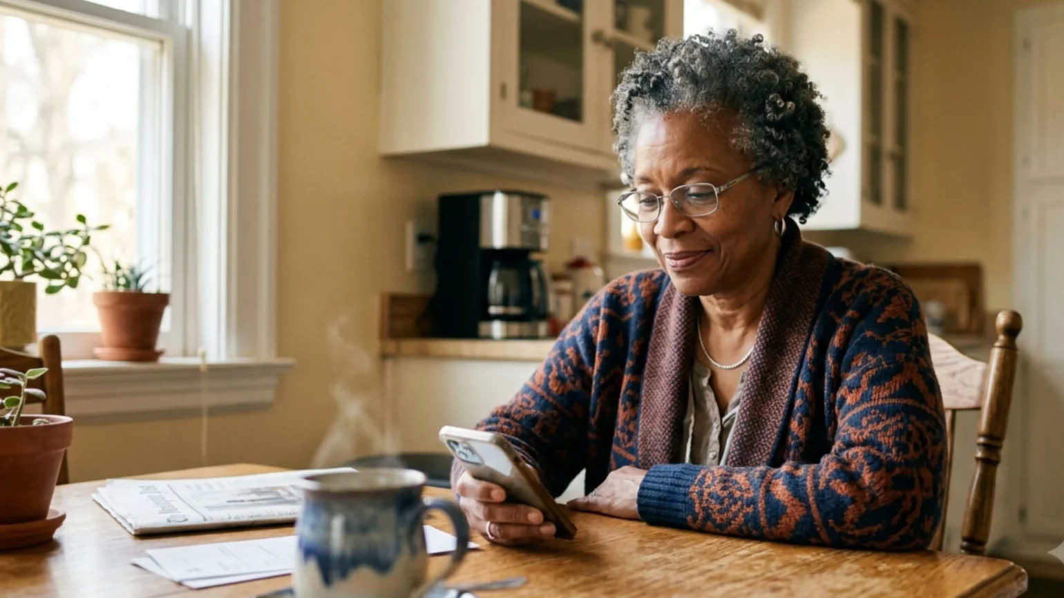 Woman checking her September 2026 Social Security payment schedule on her phone at her kitchen table