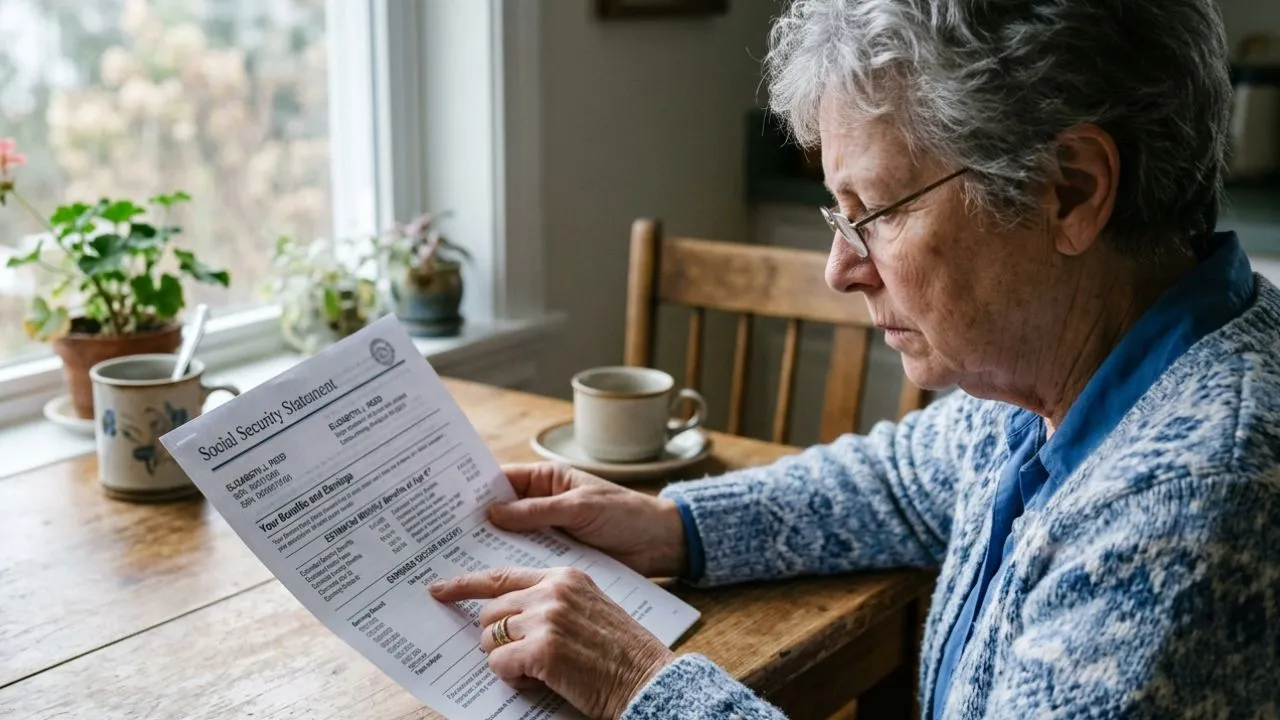 Senior woman reviewing Social Security statement showing 2032 depletion warning