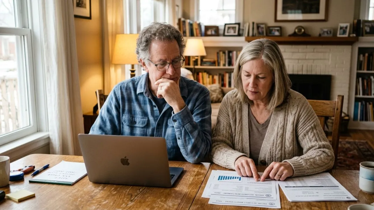A couple in their early 60s reviews Social Security benefit options at age 62 versus 67 versus 70