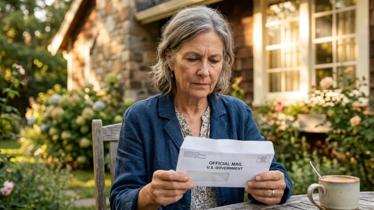 Older woman reading a Social Security letter at her kitchen table as the 2027 COLA formula is being calculated