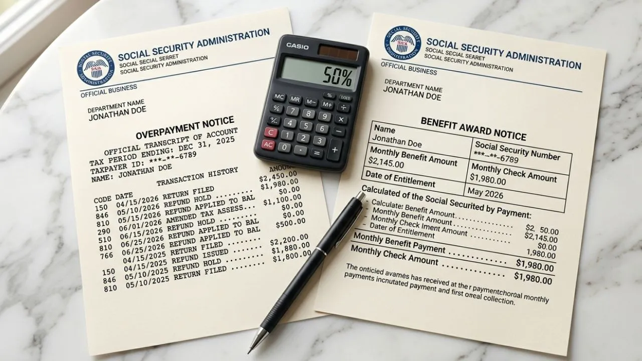 Two Social Security Administration benefit award letters beside a calculator displaying 50 percent on a white marble surface