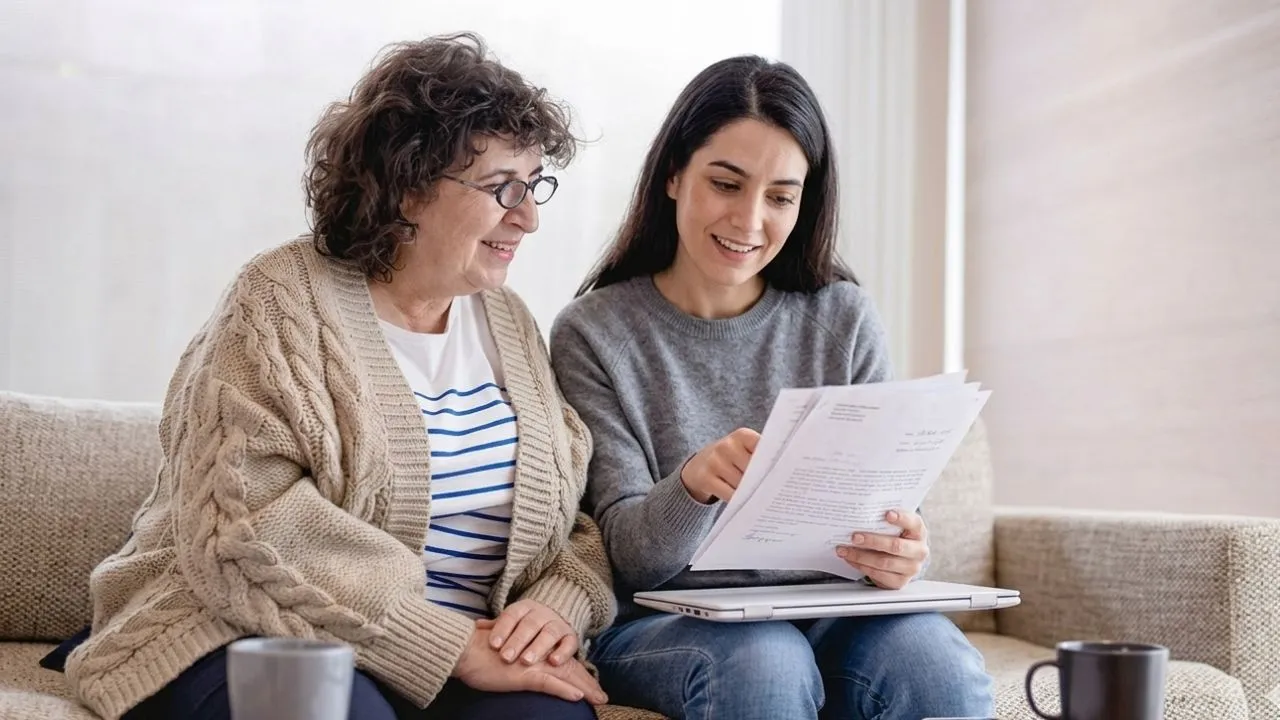 Surviving spouse in her 60s reviewing a Social Security Administration survivor benefits letter at home, evaluating her eligibility for monthly survivor payments in 2026