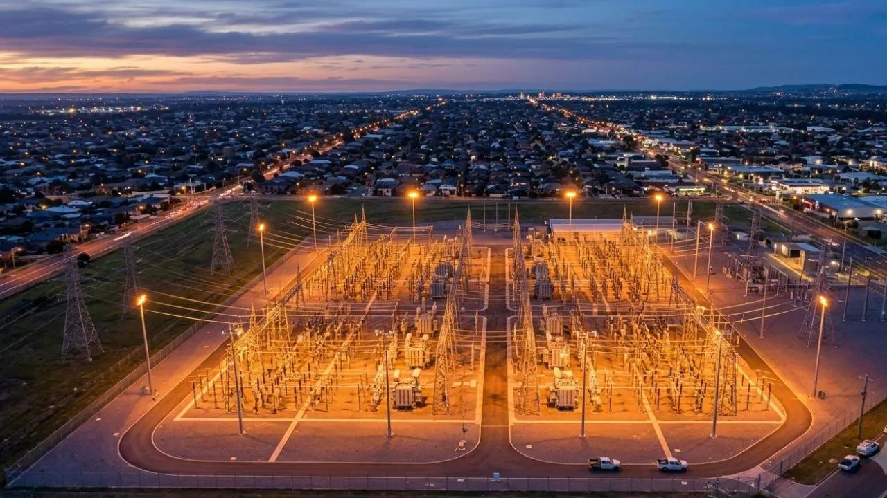 Aerial view of power substation at dusk representing the 2026 summer energy demand surge and its impact on regional banking cash flows