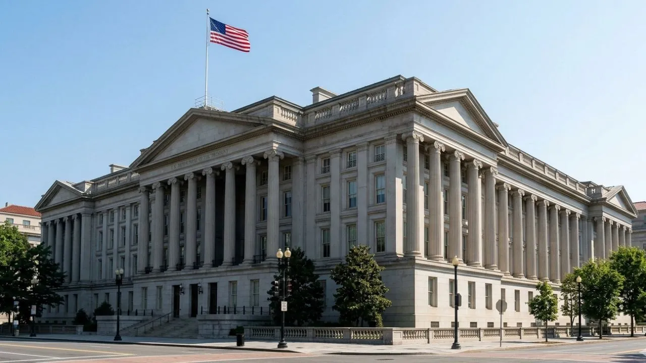 The United States Department of the Treasury building in Washington D.C. representing extraordinary measures and the federal debt ceiling