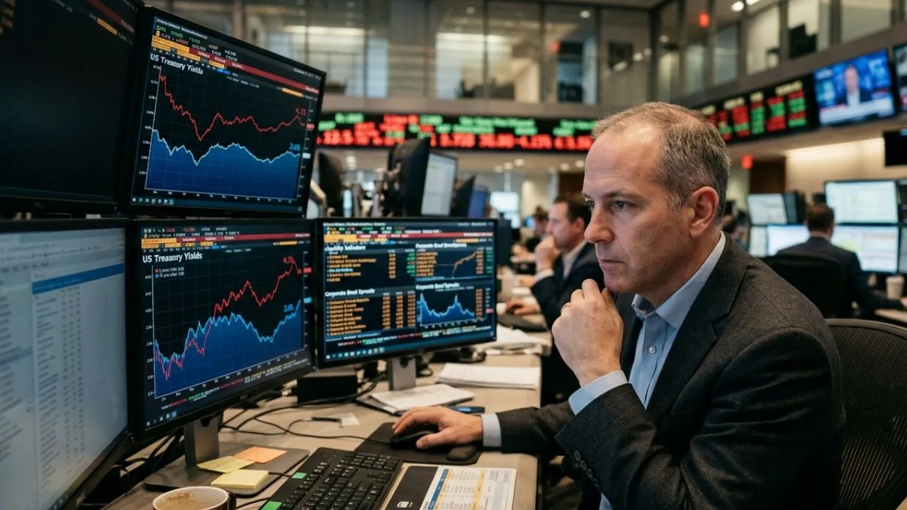 A professional American investor stares at a financial monitor displaying Treasury yield curve data with a look of intense concentration and concern, tracking the 10-year at 4.55% and 2-year at 4.17% ahead of the Federal Reserve FOMC June 16 decision
