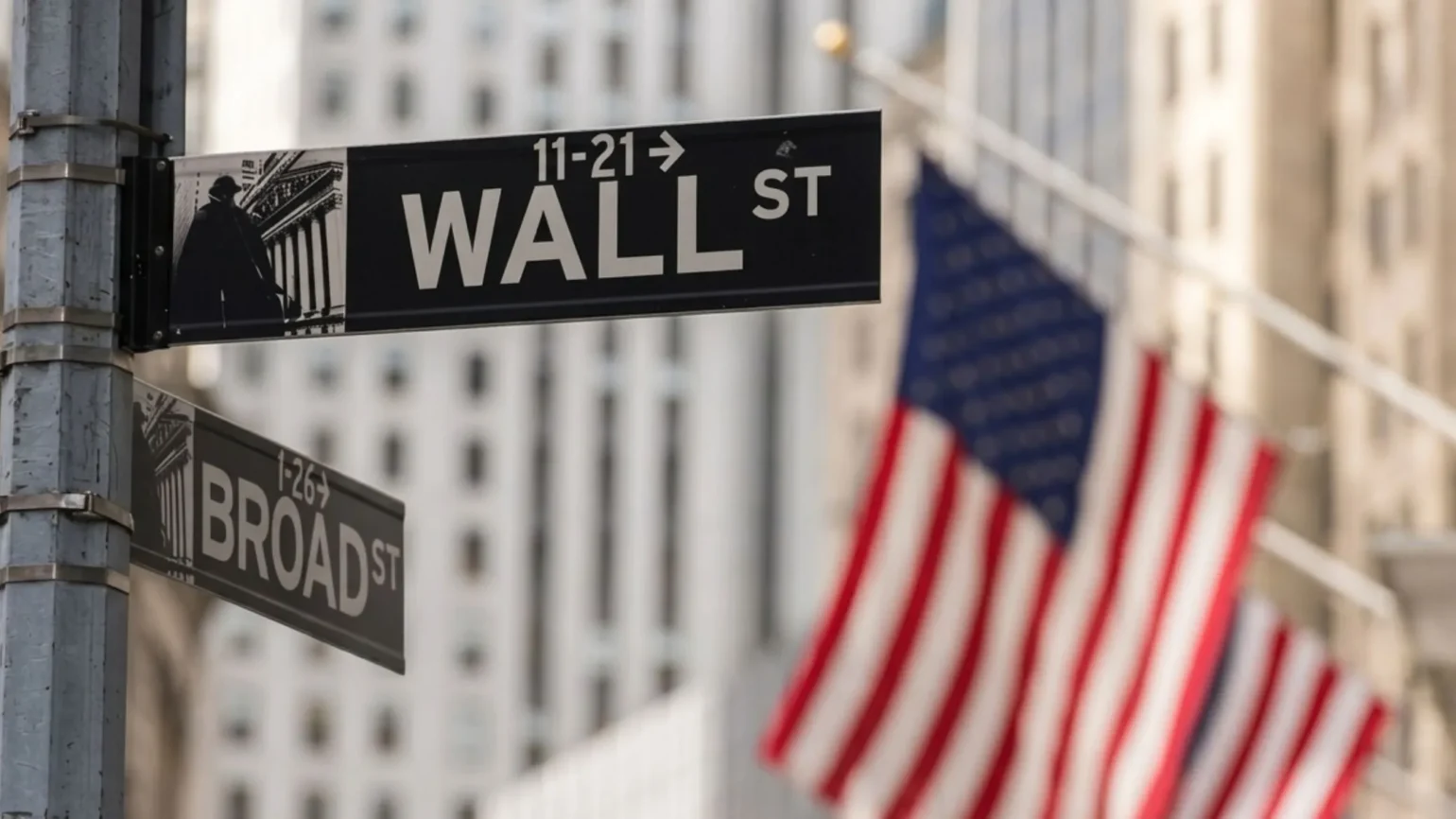 Wall Street financial district with stock market data overlay showing capital rotation from technology to industrial and energy sectors in 2026