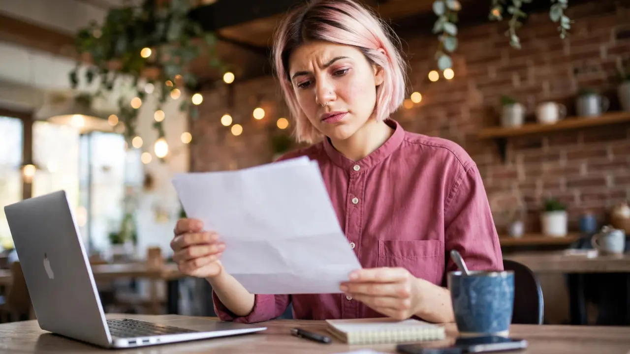 Woman sitting in a café reviewing an IRS Letter 4464C refund review notice while using a laptop to check her federal tax refund status.