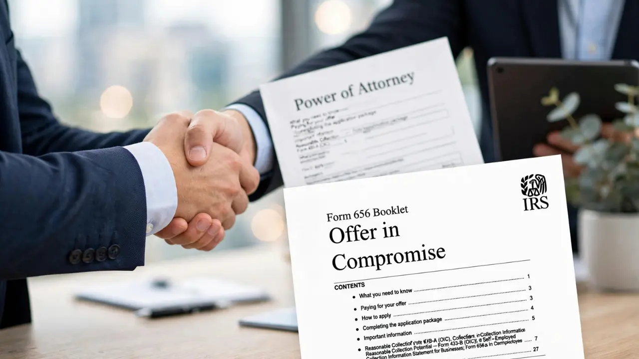 Flowchart illustrating the IRS Offer in Compromise steps from eligibility check through financial disclosure to acceptance or rejection