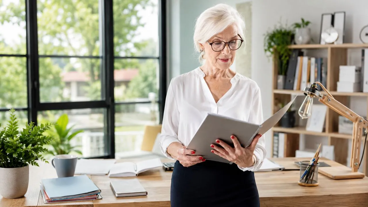 Older couple reviewing a Social Security benefit statement at their kitchen table with a calculator