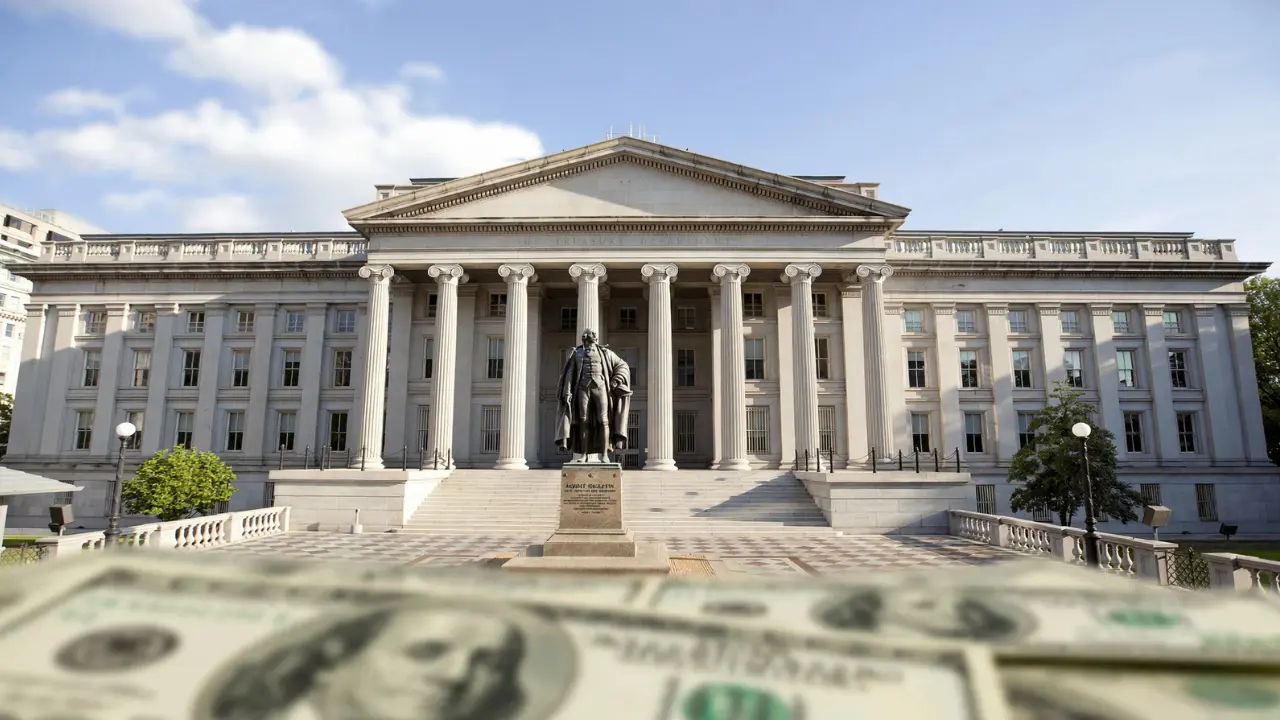 Exterior view of the U.S. Treasury Building in Washington, D.C., the department responsible for managing federal debt, government borrowing, and Treasury payments.