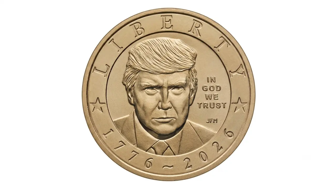 Illustration of a coin blank on a minting press representing the 2026 commemorative dollar coin