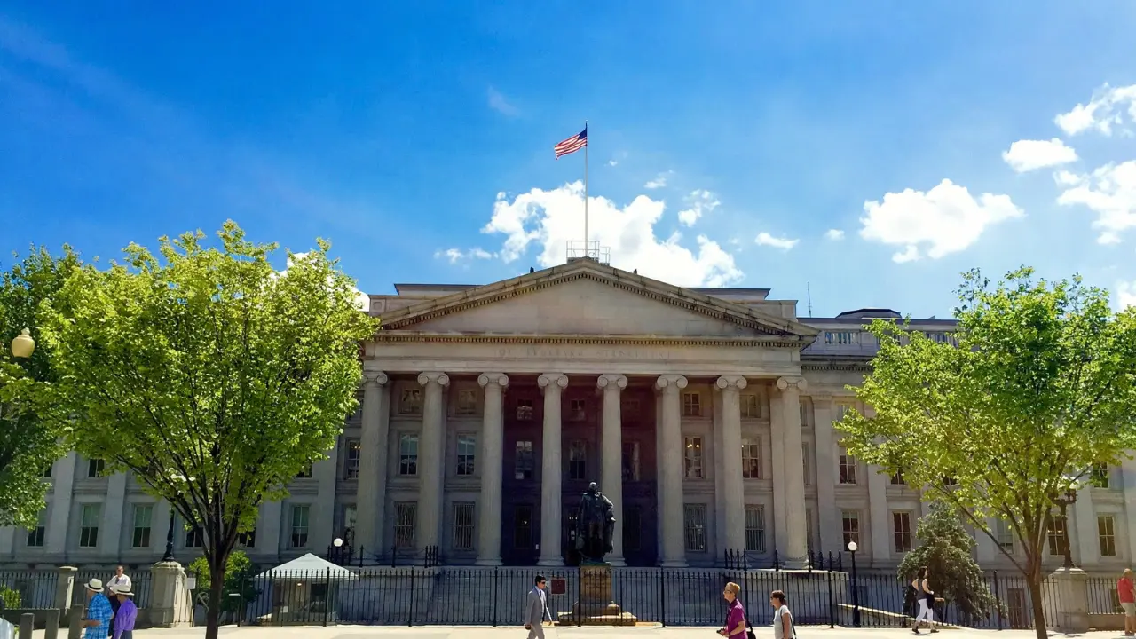 U.S. Department of the Treasury building with organizational structure overlay