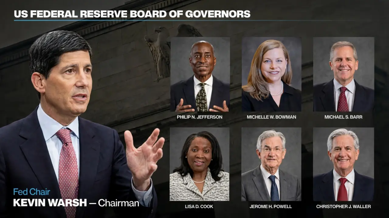 Official graphic of the 7-member Federal Reserve Board of Governors as of May 2026 led by Chairman Kevin Warsh
