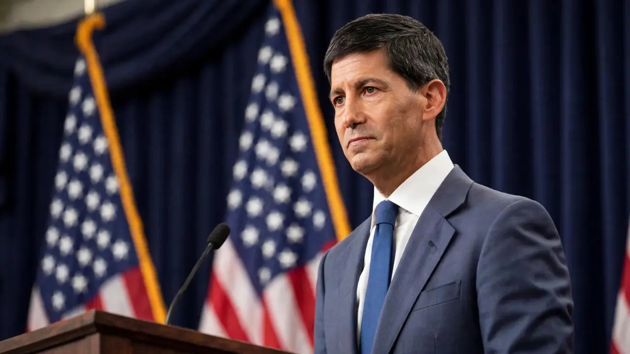 Federal Reserve official speaking at a podium as the Fed signals higher interest rates may be needed if inflation stays high.