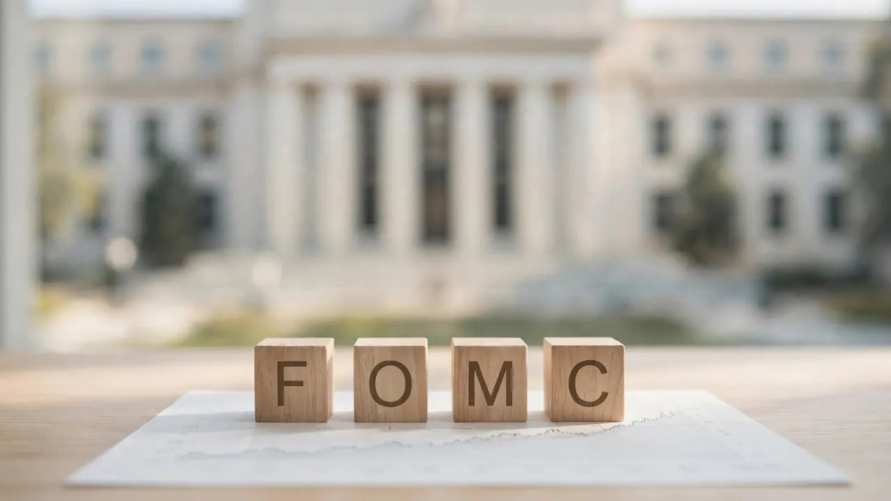 Wooden blocks spelling FOMC in front of the Federal Reserve building with a rate chart