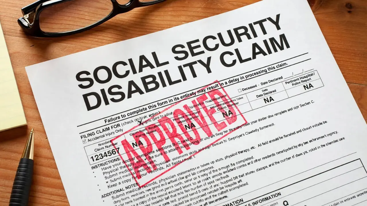 Social Security disability claim document stamped approved on a desk, illustrating expedited disability claim processing.