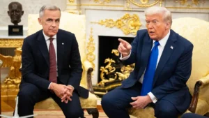 Latest U.S. Financial News and Analysis 12 Donald Trump and Canadian Prime Minister Mark Carney during talks as U.S.-Canada trade tensions escalate over 50% tariffs.