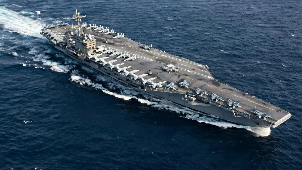USS Abraham Lincoln aircraft carrier underway at sea during its extended 266-day deployment