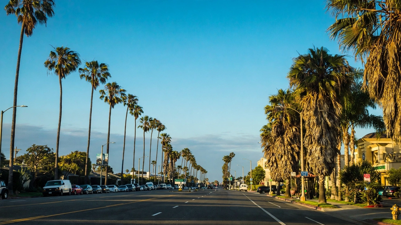 Palm-lined California street as California leads four states with significant payroll gains in August 2026