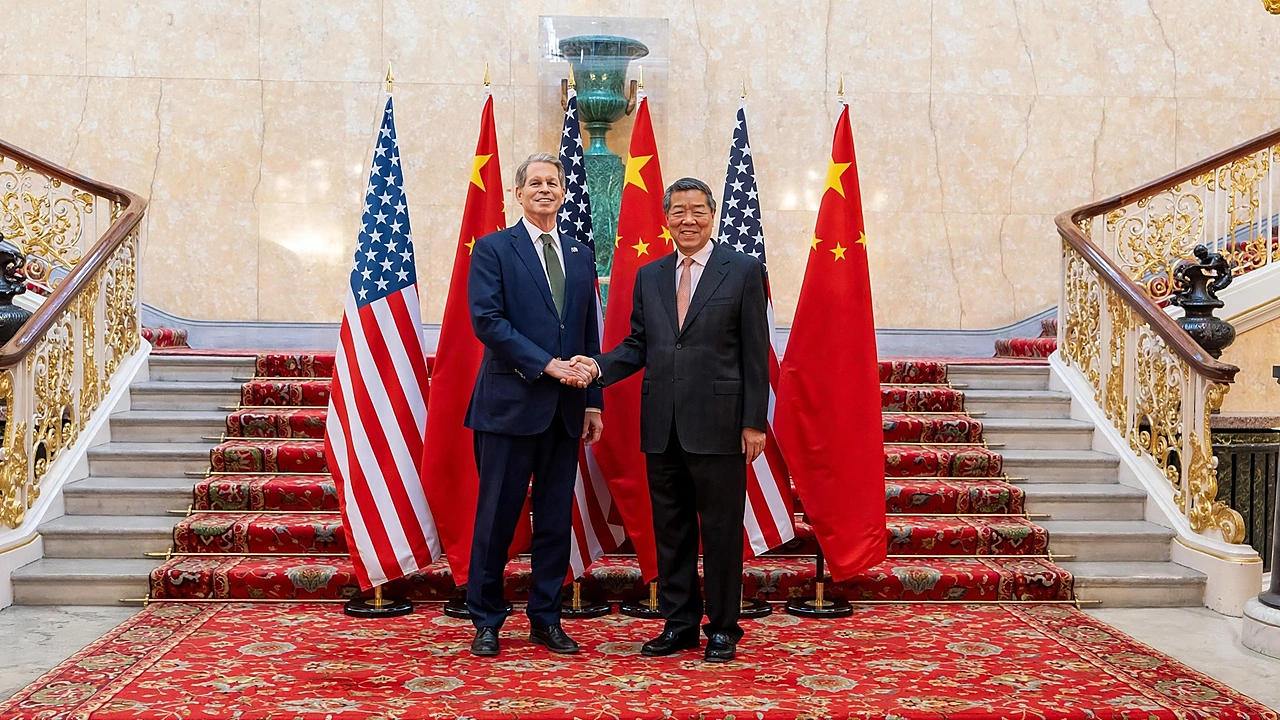 U.S. and Chinese officials shake hands in front of American and Chinese flags during high-level economic talks
