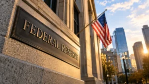 Latest U.S. Financial News and Analysis 21 Editorial illustration of a Federal Reserve sign and American flag outside a financial building