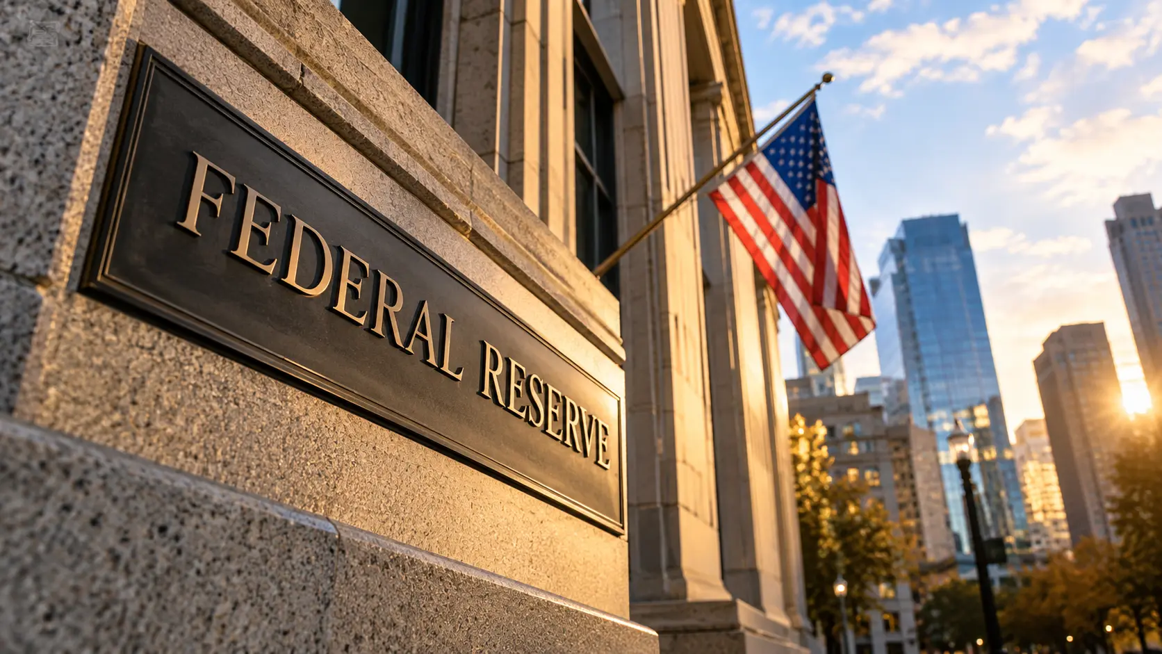 Editorial illustration of a Federal Reserve sign and American flag outside a financial building