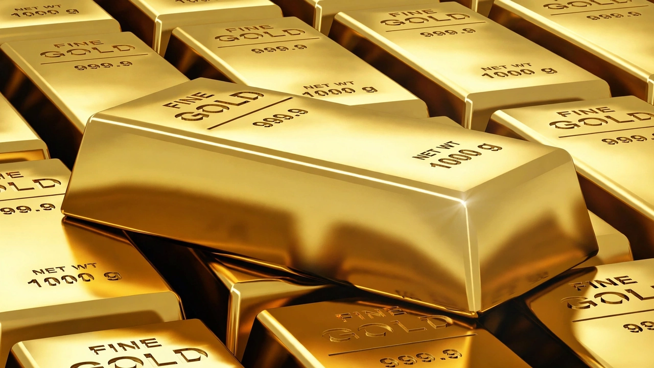 Stacked 1000-gram fine gold bars marked 999.9 purity, with one bar tilted on top, reflecting bright light and representing gold investment