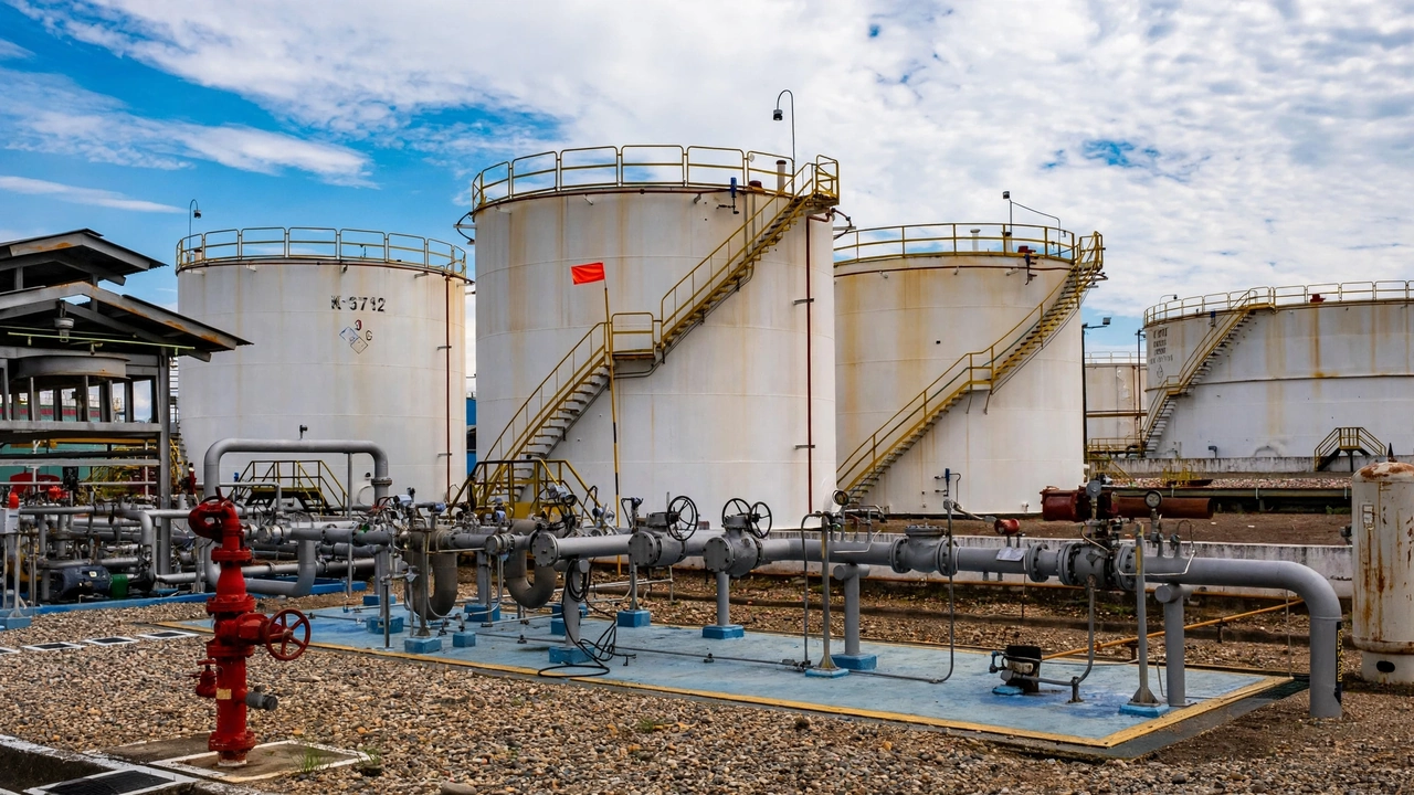 Oil storage tanks and pipelines at a petroleum facility as Brent crude prices rise to $100.59