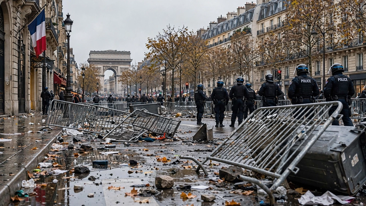 French police officers stand near overturned barricades and debris on a Paris street, with the Arc de Triomphe in the background.