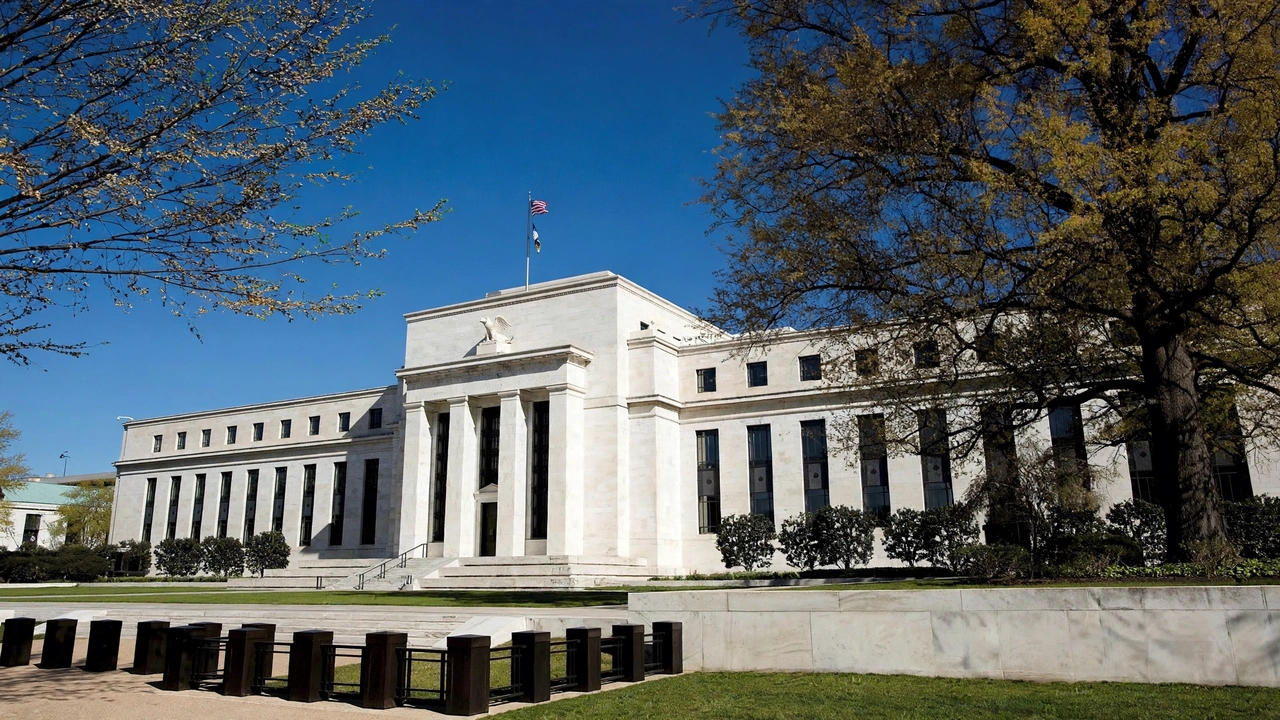 Federal Reserve headquarters building in Washington, D.C., with its main entrance and columns visible.