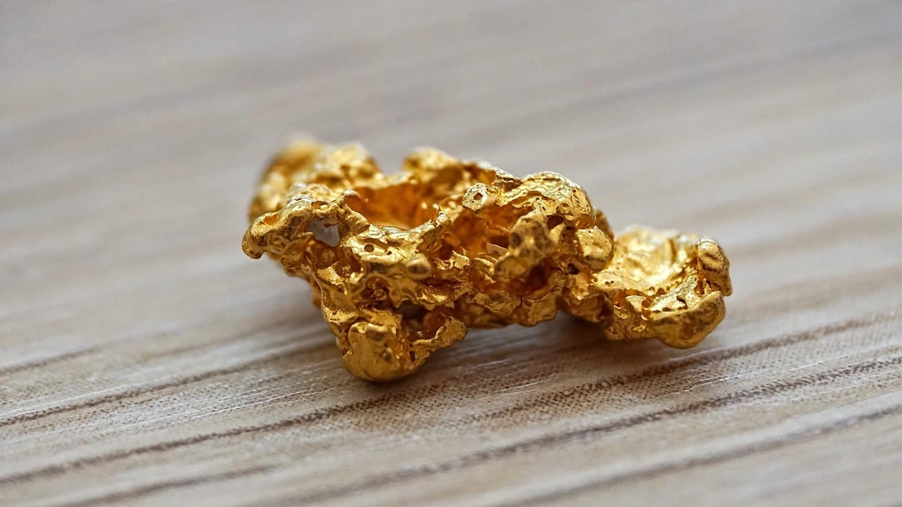 Close-up of a natural gold nugget resting on a wooden surface.