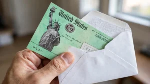 Latest U.S. Financial News and Analysis 2 Hand holding a U.S. Treasury check in a white envelope, illustrating automatic IRS adoption tax credit refunds in 2026.
